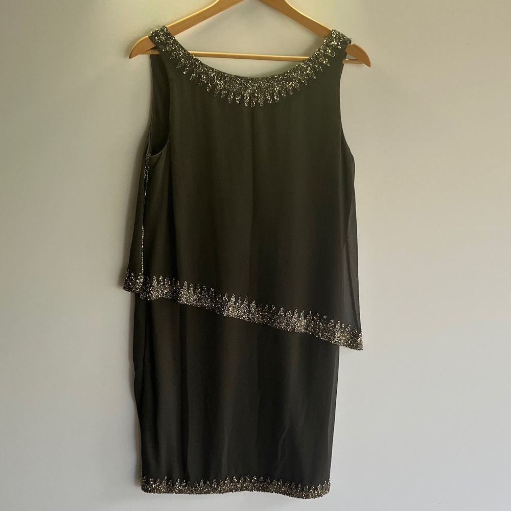 J Kara Black Asymmetrical Dress with Silver Embellishments